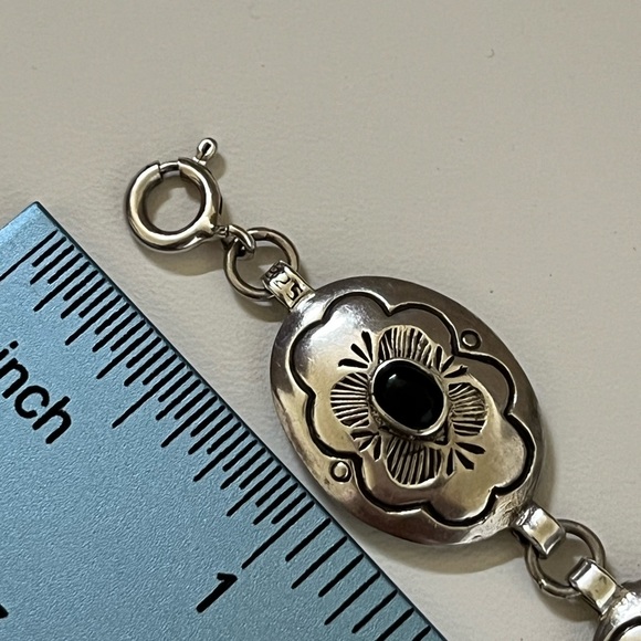 Vintage Sterling Silver Turquoise Coral Onyx Bracelet - Picture 5 of 8